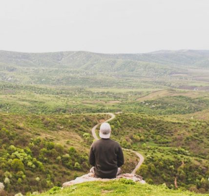 A person sits on a hill overlooking a vast, green valley under a clear sky.