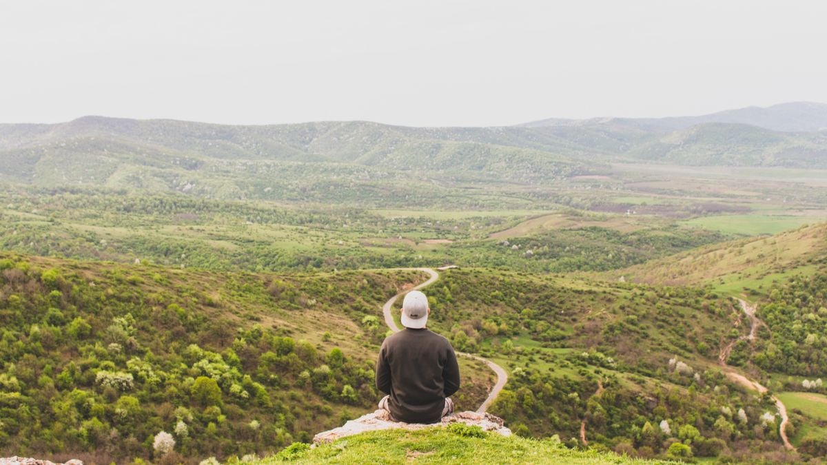 A person sits on a hill overlooking a vast, green valley under a clear sky.